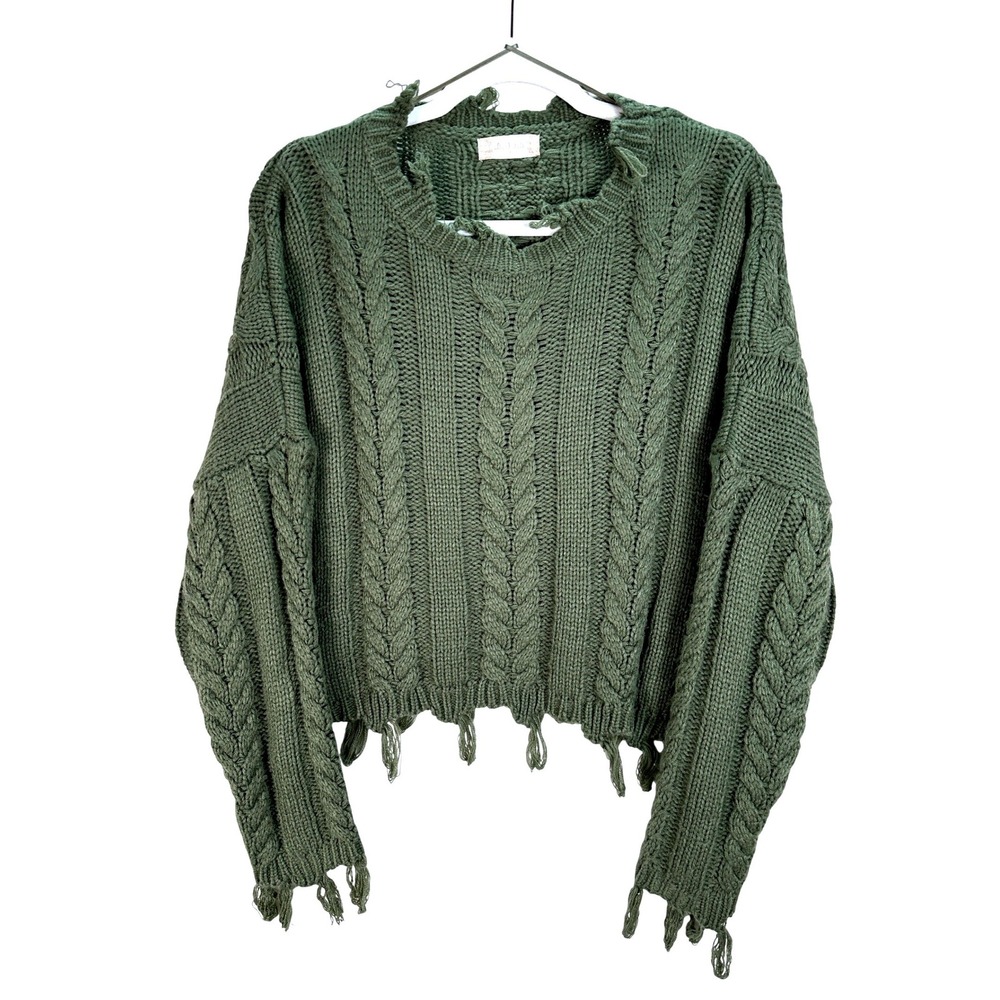 Altar'd State Sweater Women Small Green Distressed Cable Knit Frayed Boho Edgy